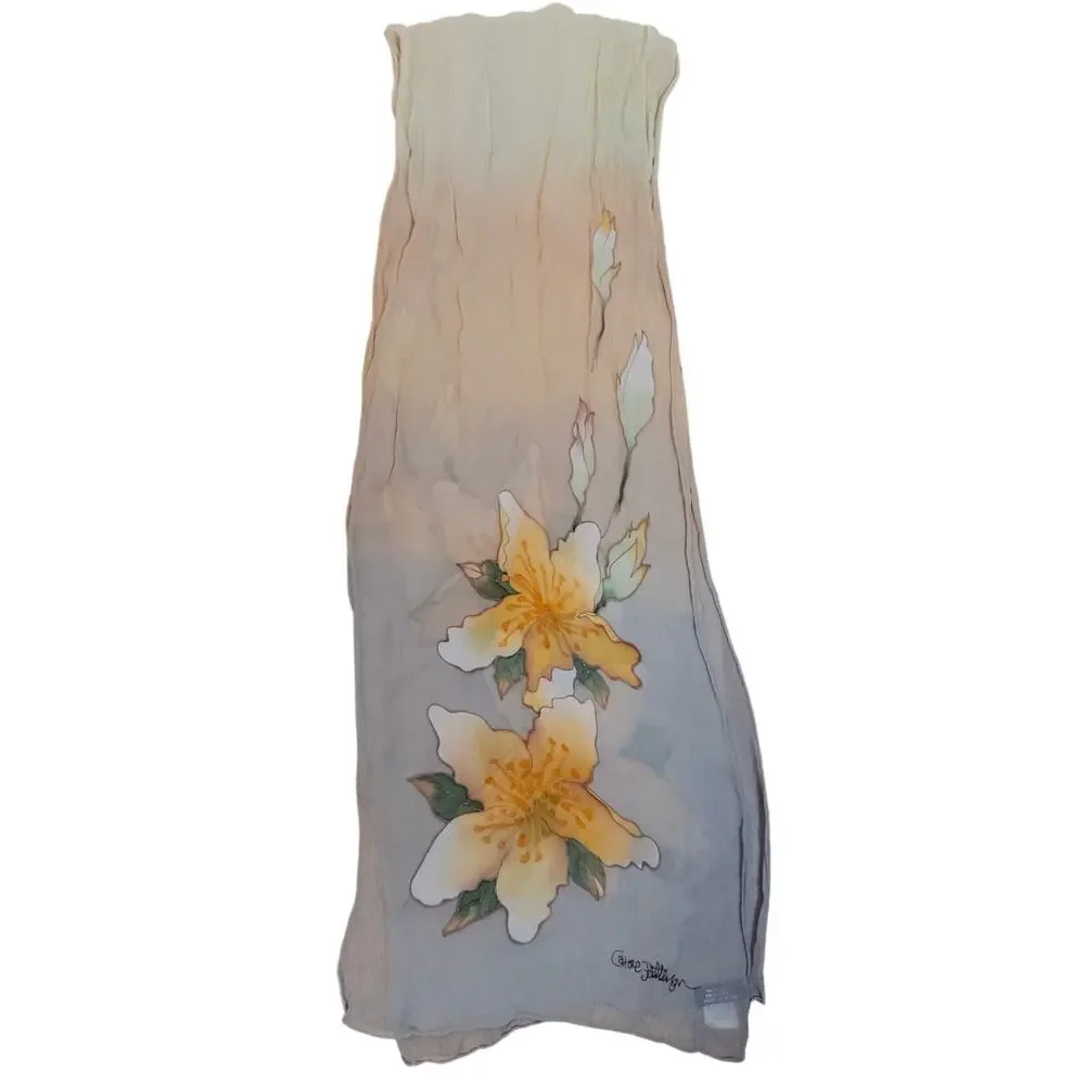 Carol Patterson 100% Silk Chiffon Floral Scarf Watercolor Botanical Wrap